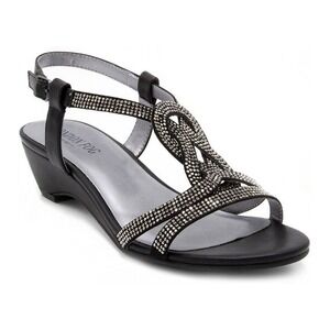 London Fog Macey Black Rhinestone Sandals Women's 10M Strappy Wedge Heel Evening